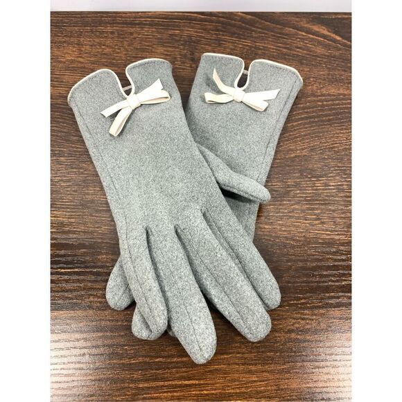2 Chic Women's Gray Fabric Touch Screen Vinyl Trim Bow Gloves Size Medium - Picture 8 of 8